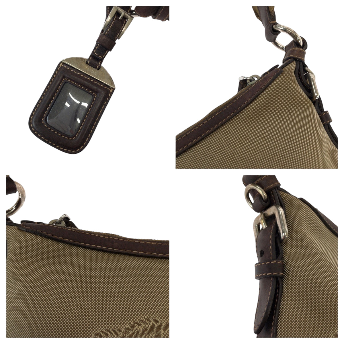 PRADA Shoulder Bag canvas Brown Silver Metal Shoulder Bag pochette Logo jacquard Women Used Authentic