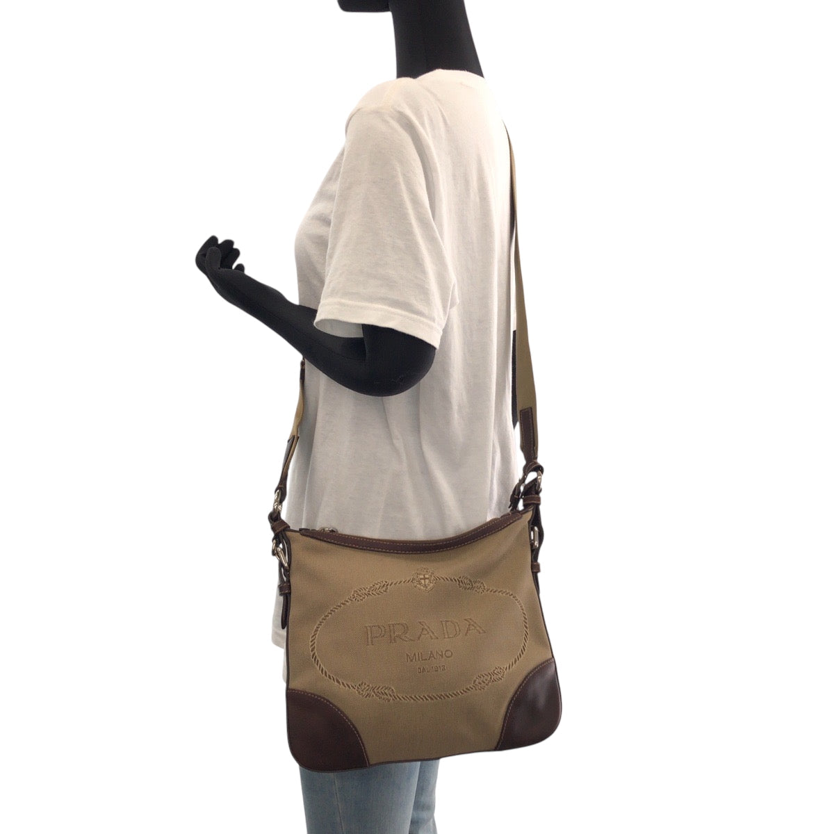 PRADA Shoulder Bag canvas Brown Silver Metal Shoulder Bag pochette Logo jacquard Women Used Authentic