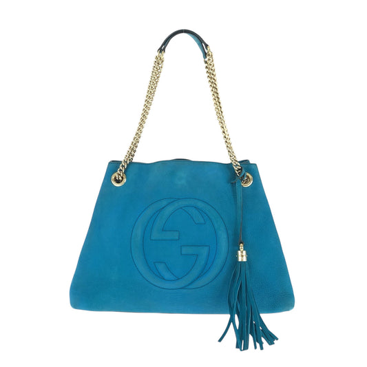 GUCCI Tote Bag 308982 leather blue ChainTote Bag Shoulder Bag Soho Women Used Authentic