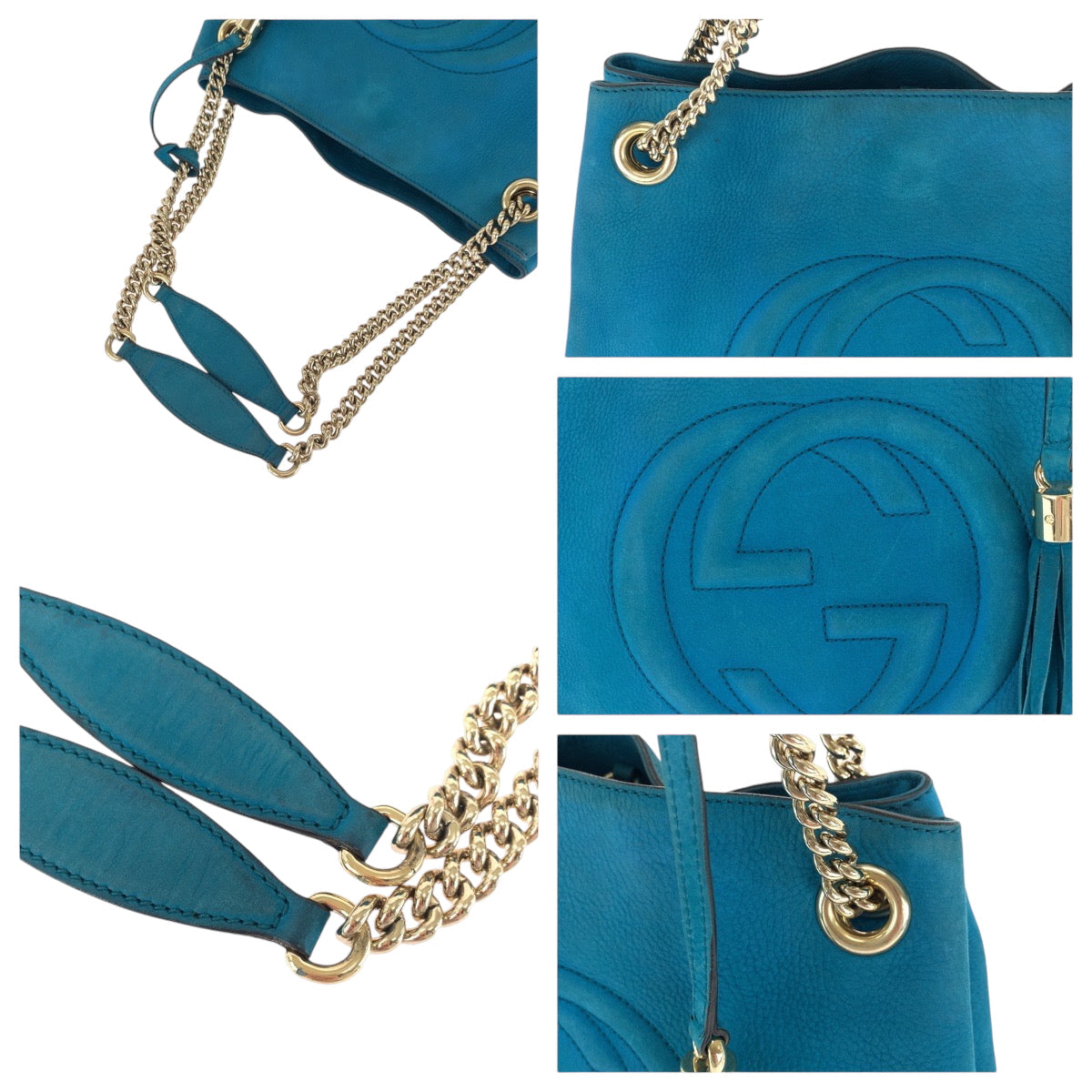 GUCCI Tote Bag 308982 leather blue ChainTote Bag Shoulder Bag Soho Women Used Authentic
