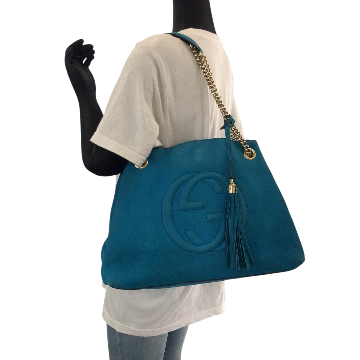 GUCCI Tote Bag 308982 leather blue ChainTote Bag Shoulder Bag Soho Women Used Authentic