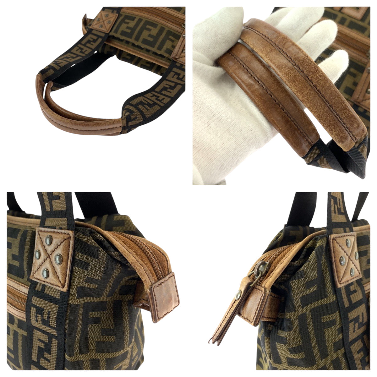 FENDI Handbag canvas Brown Gold Metal Handbag Shoulder Bag Zucca Women Used Authentic