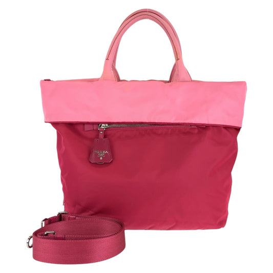 PRADA Tote Bag Nylon Red pink Tote Bag Shoulder Bag 2way Test Triangle With logo Women Used Authentic