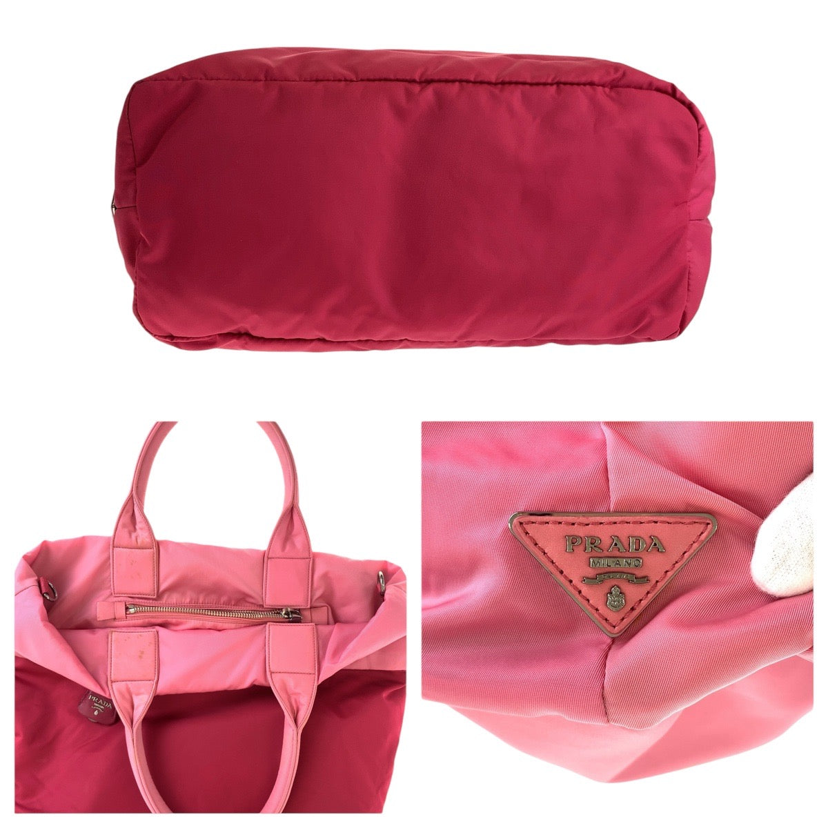 PRADA Tote Bag Nylon Red pink Tote Bag Shoulder Bag 2way Test Triangle With logo Women Used Authentic