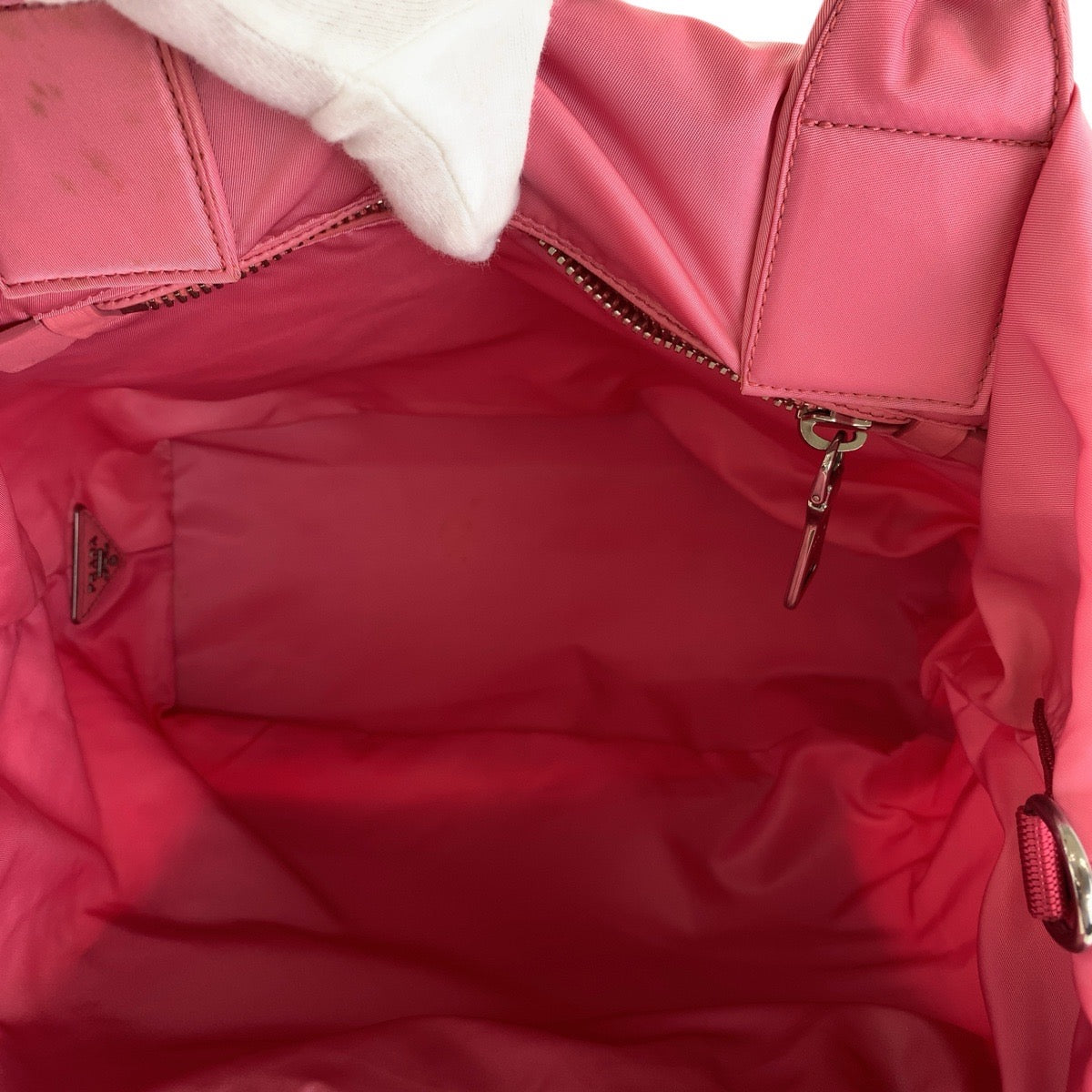 PRADA Tote Bag Nylon Red pink Tote Bag Shoulder Bag 2way Test Triangle With logo Women Used Authentic
