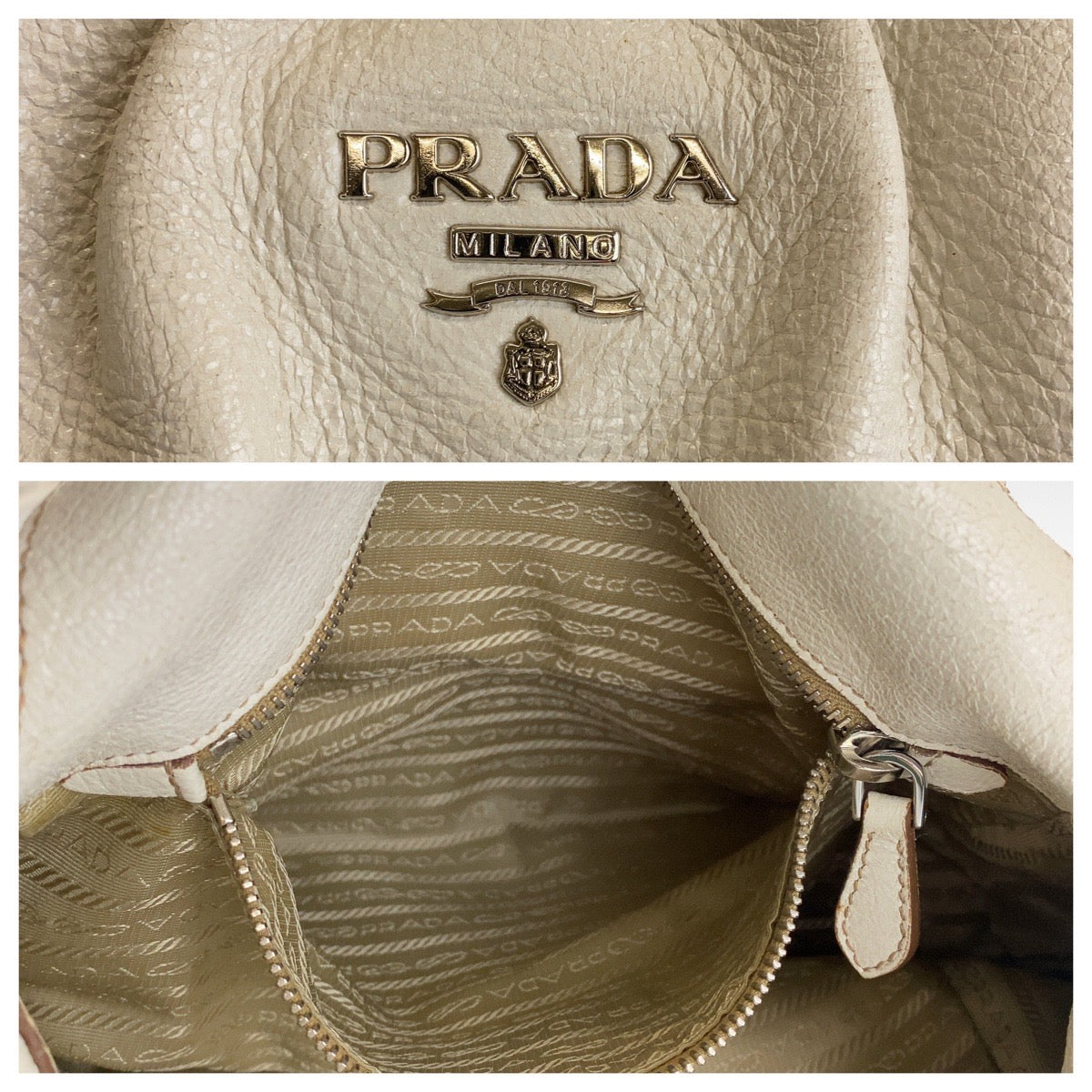 PRADA Shoulder Bag leather White SilverMetal Women Used Authentic