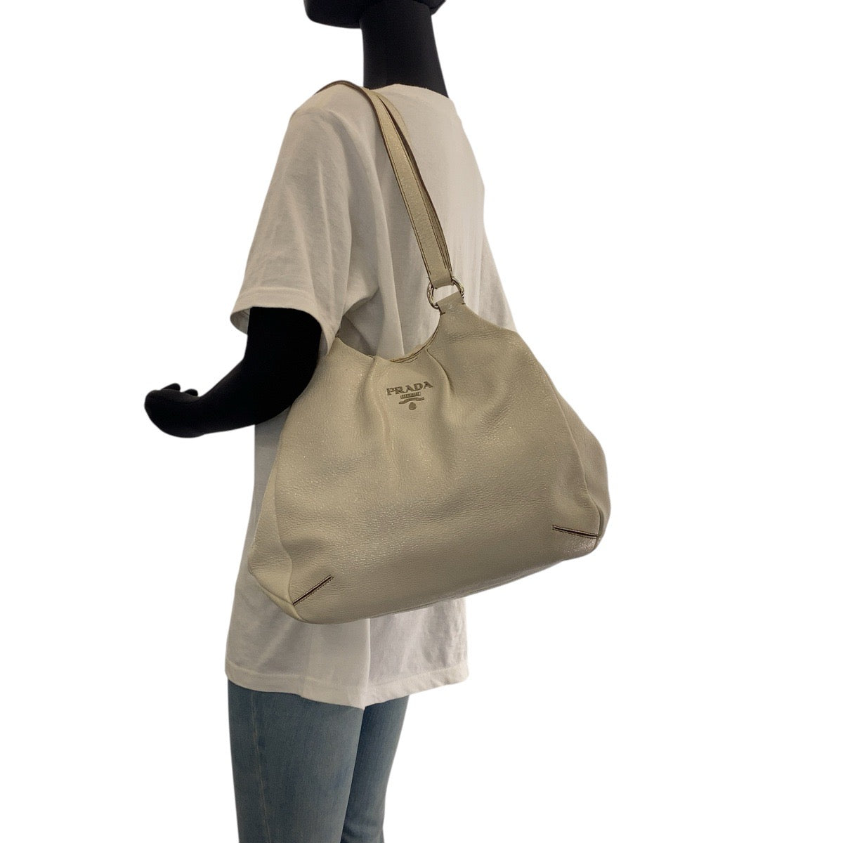 PRADA Shoulder Bag leather White SilverMetal Women Used Authentic