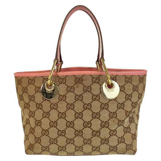 GUCCI Tote Bag 120844 GG canvas, leather Beige Pink Gold Metal Tote Bag handbag Women Used Authentic