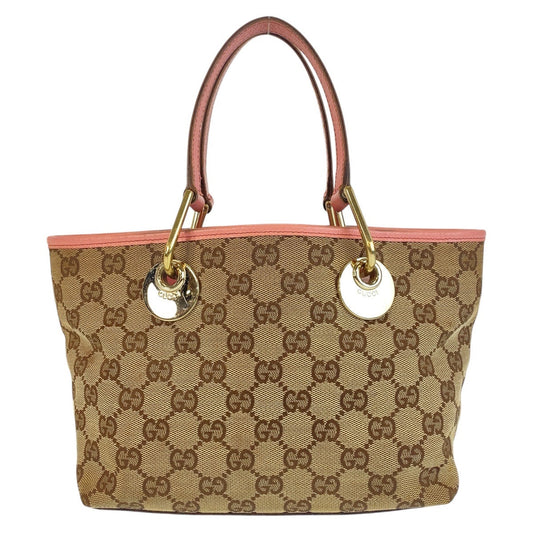 GUCCI Tote Bag 120844 GG canvas, leather Beige Pink Gold Metal Tote Bag handbag Women Used Authentic