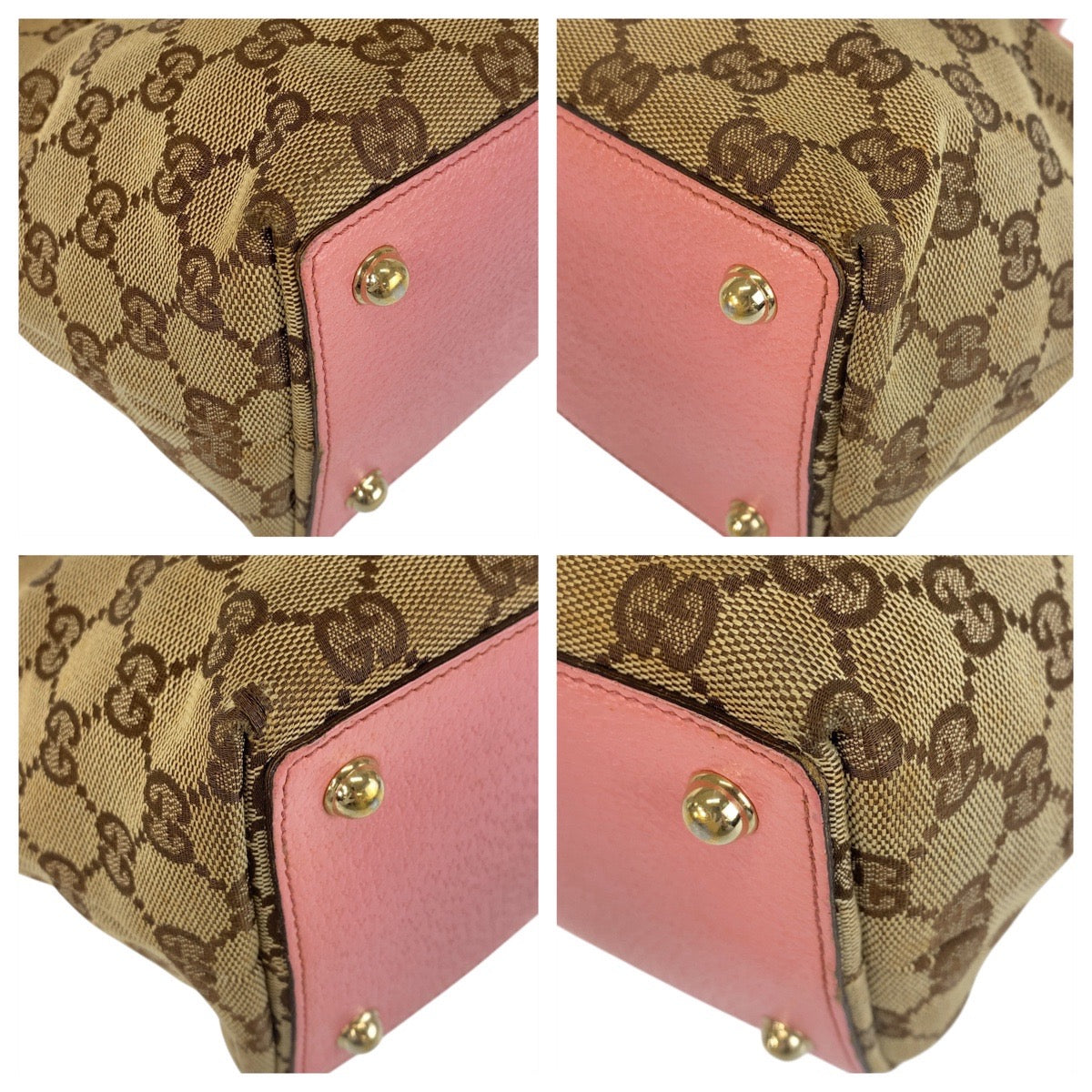 GUCCI Tote Bag 120844 GG canvas, leather Beige Pink Gold Metal Tote Bag handbag Women Used Authentic