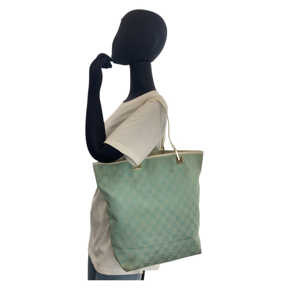 GUCCI Tote Bag 002 1098 GG canvas, leather Mint Green Gold Metal Tote Bag Shoulder Bag Women Used Authentic