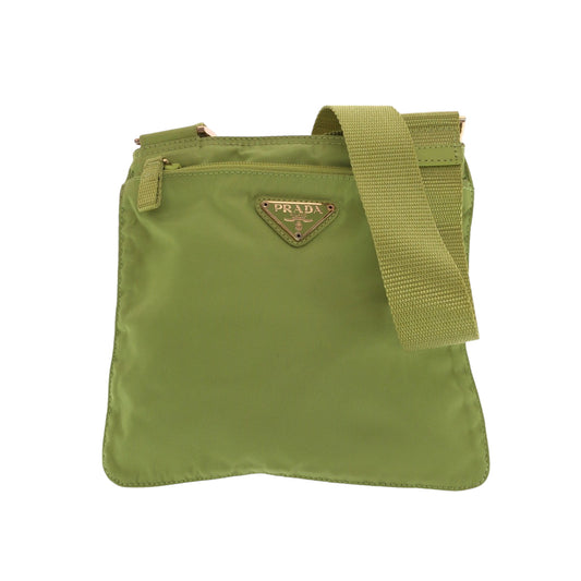 PRADA Shoulder Bag Nylon Light Green Gold Metal Shoulder Bag Sacoche Test Triangle With logo Women Used Authentic