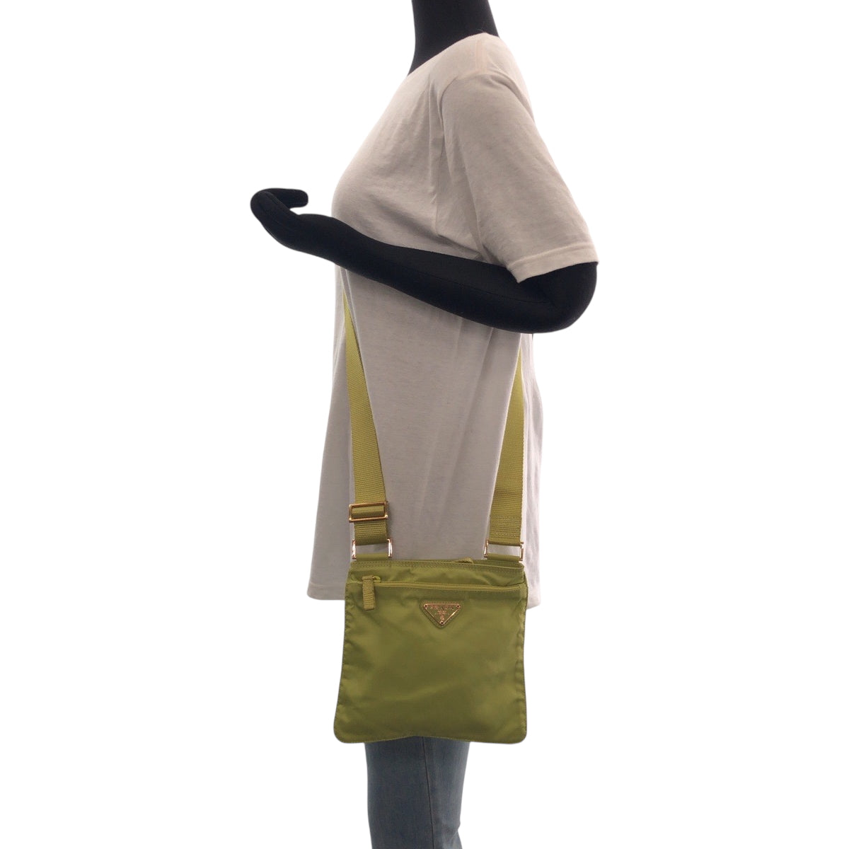 PRADA Shoulder Bag Nylon Light Green Gold Metal Shoulder Bag Sacoche Test Triangle With logo Women Used Authentic
