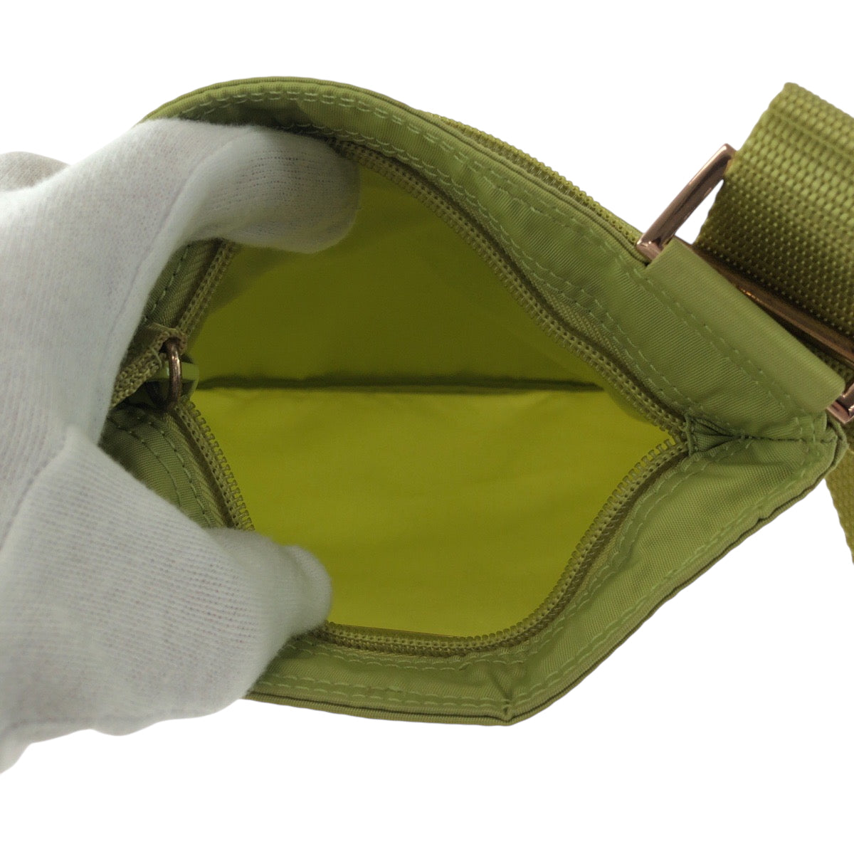 PRADA Shoulder Bag Nylon Light Green Gold Metal Shoulder Bag Sacoche Test Triangle With logo Women Used Authentic