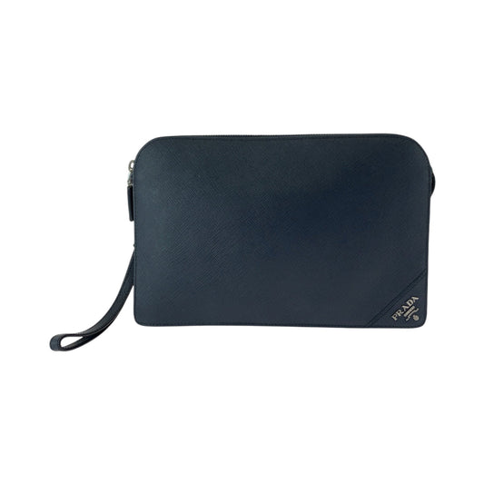 PRADA Clutch bag 2VF056 leather Navy SilverMetal Clutch bag business bag Safiano logo mens Used Authentic