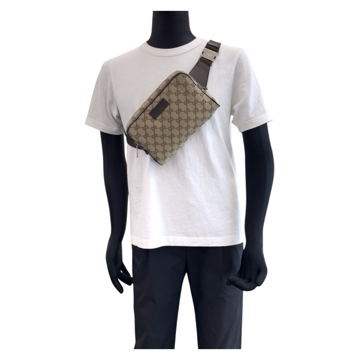GUCCI Sling bag 449174 GG canvas, leather Brown Silver Metal Sling bag Waist bag mens Used Authentic