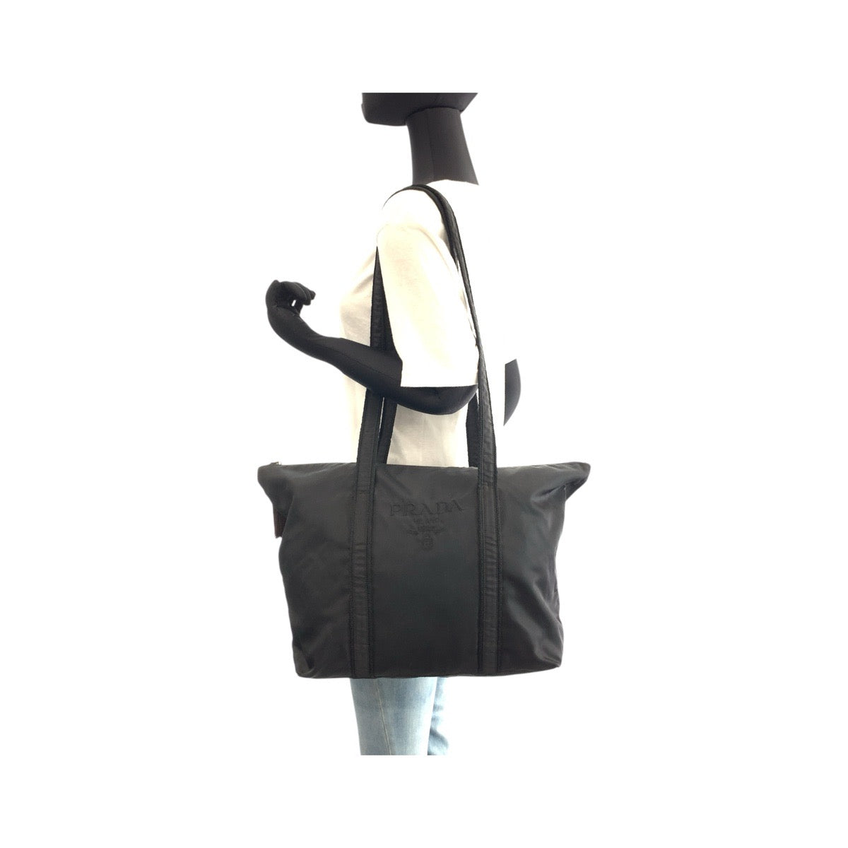 PRADA Tote Bag Nylon Black GoldMetal Tote Bag Shoulder Bag Test Logo embroidery Women Used Authentic