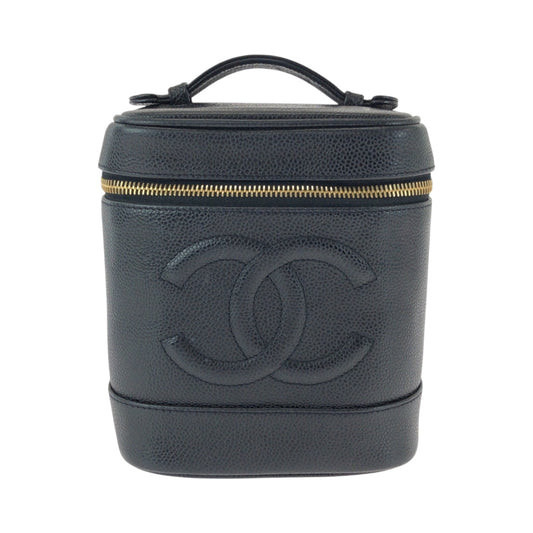 CHANEL Handbag Caviar skin Black Gold Metal Handbags Vanity Pouches COCO Mark Women Used Authentic