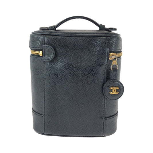 CHANEL Handbag Caviar skin Black Gold Metal Handbags Vanity Pouches COCO Mark Women Used Authentic