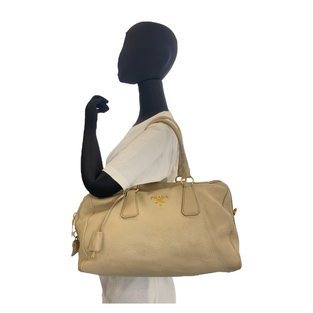 PRADA Handbag leather Beige Gold Metal Handbag Shoulder Bag Women Used Authentic