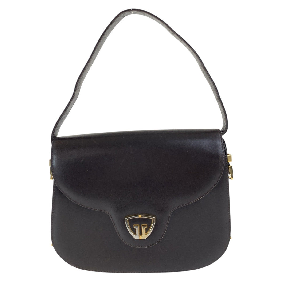 GUCCI Handbag leather Dark Brown Gold Metal Old Gucci Women Used Authentic