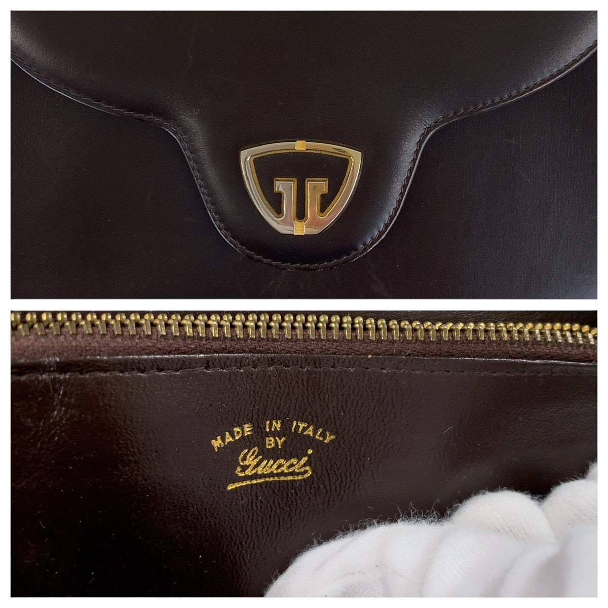 GUCCI Handbag leather Dark Brown Gold Metal Old Gucci Women Used Authentic