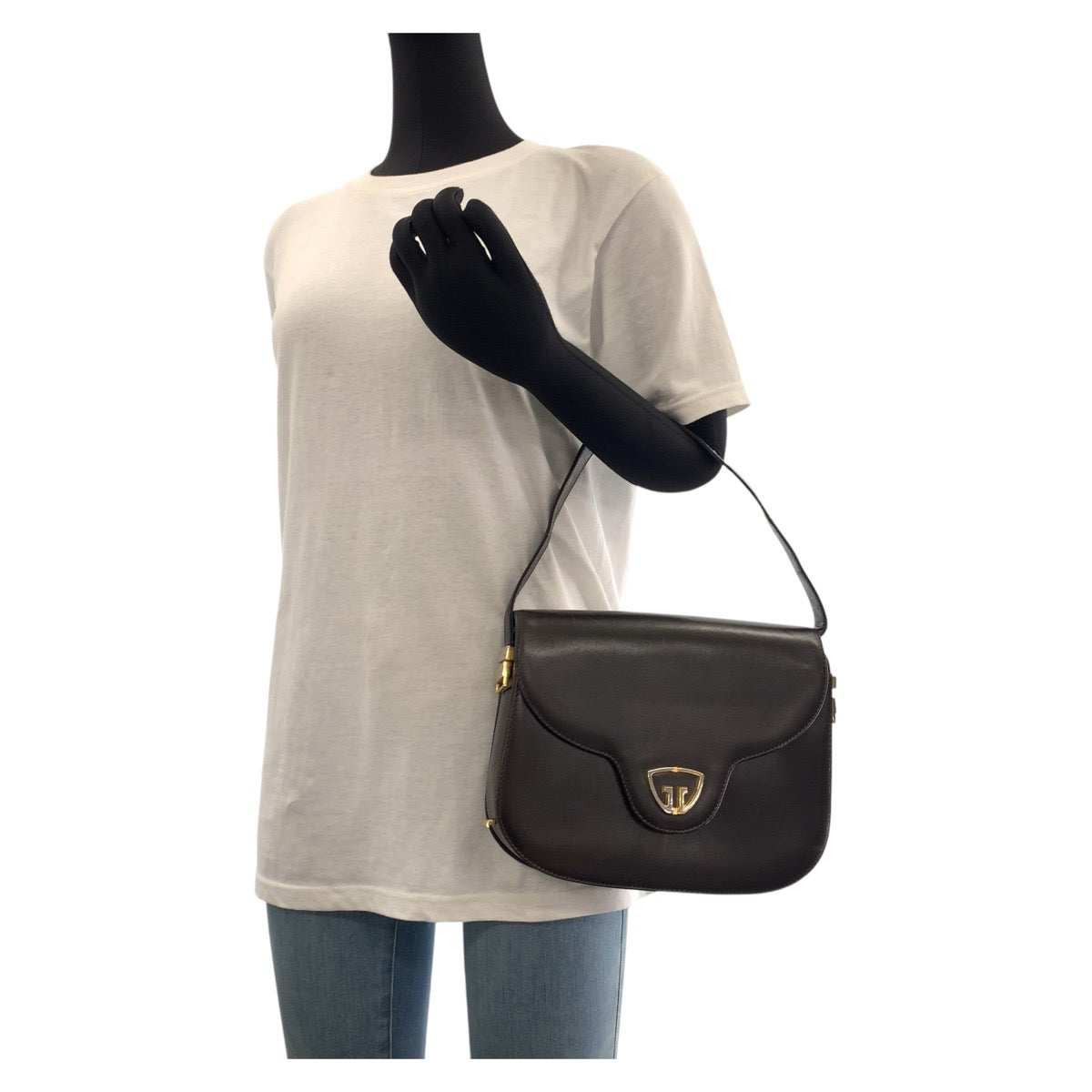 GUCCI Handbag leather Dark Brown Gold Metal Old Gucci Women Used Authentic