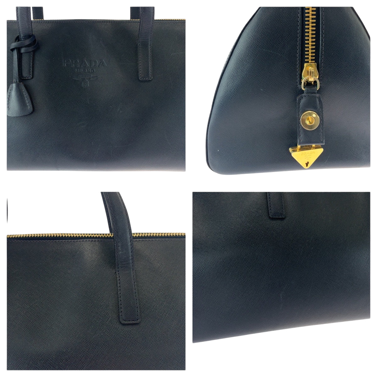 PRADA Boston Duffel bag leather Navy Gold Metal Boston Duffel bag Handbag Safiano Women(Unisex) Used Authentic