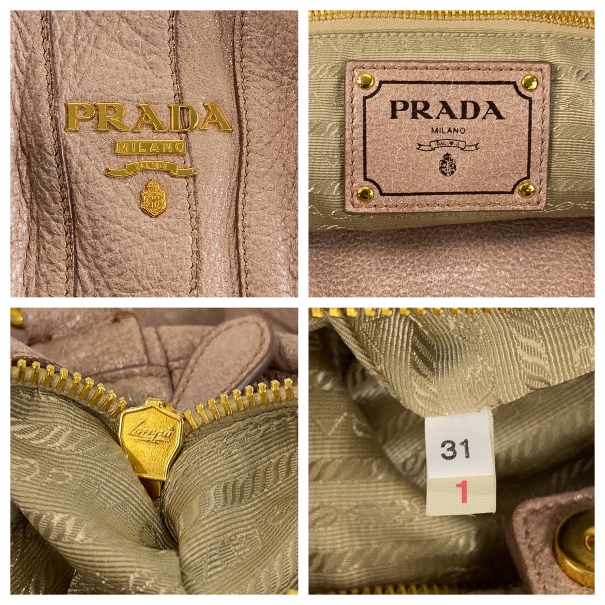 PRADA Shoulder Bag leather Pink Beige Gold Metal Shoulder Bag handbag Women Used Authentic