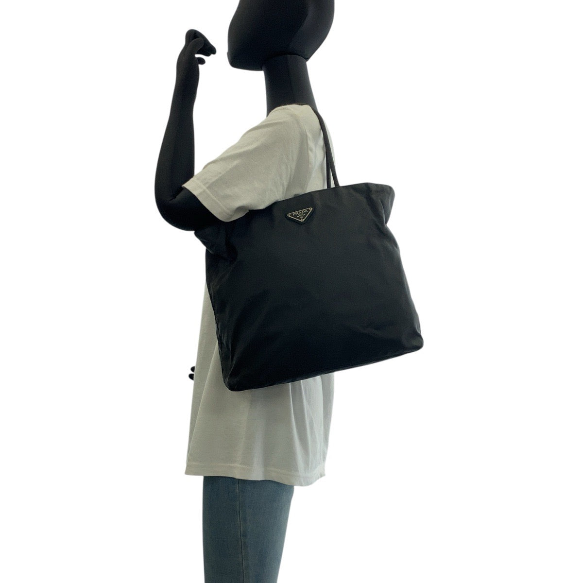 PRADA Tote Bag Nylon Black SilverMetal Tote Bag handbag Test Triangle With logo Women Used Authentic