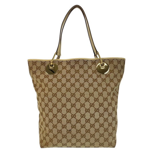 GUCCI Tote Bag 120835 GG canvas, leather Beige White Gold Metal Tote Bag Shoulder Bag Women Used Authentic