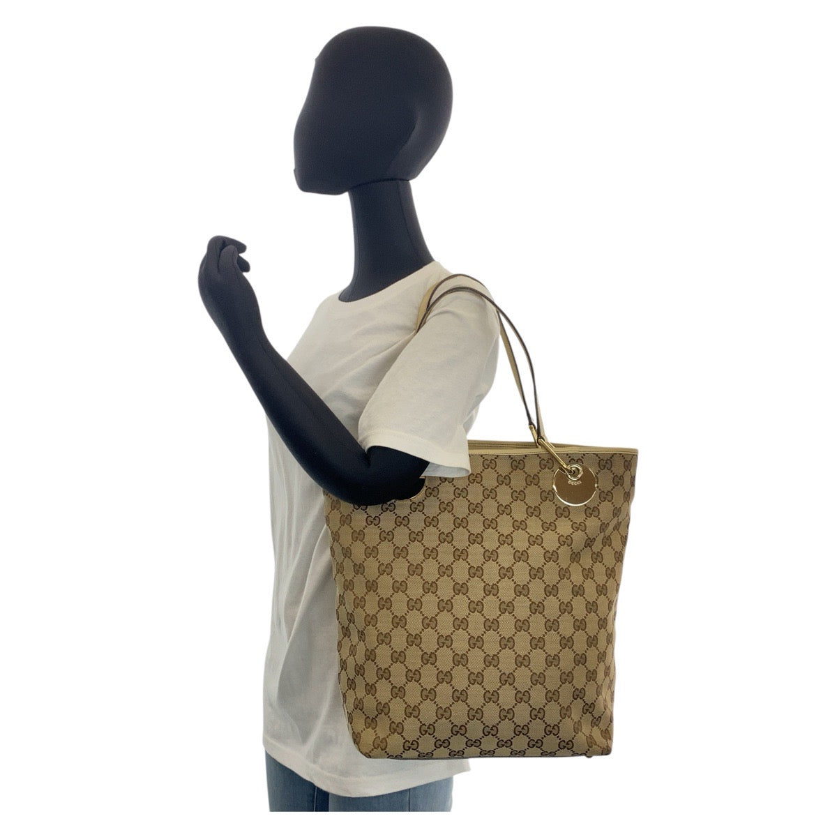 GUCCI Tote Bag 120835 GG canvas, leather Beige White Gold Metal Tote Bag Shoulder Bag Women Used Authentic