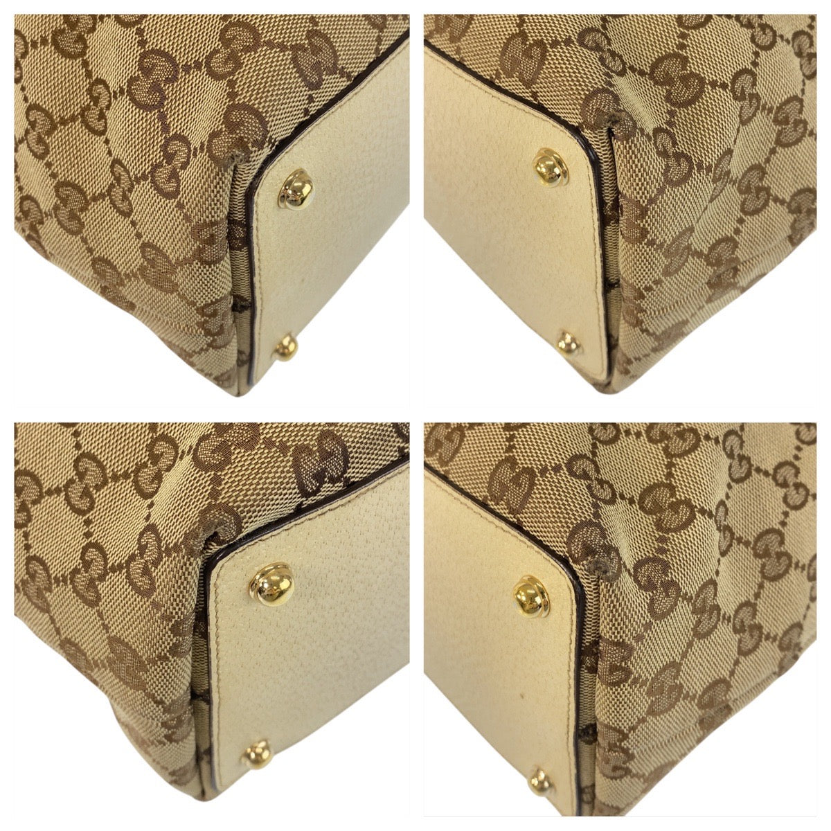 GUCCI Tote Bag 120835 GG canvas, leather Beige White Gold Metal Tote Bag Shoulder Bag Women Used Authentic