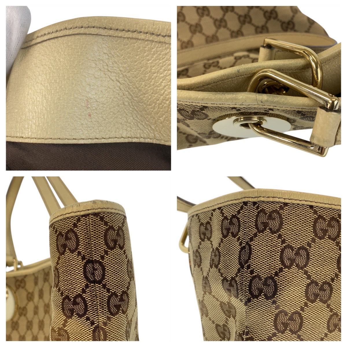 GUCCI Tote Bag 120835 GG canvas, leather Beige White Gold Metal Tote Bag Shoulder Bag Women Used Authentic