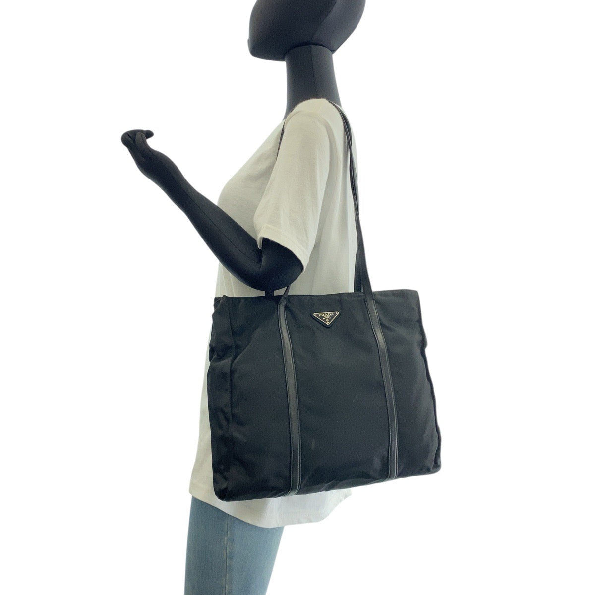 PRADA Tote Bag Nylon, Leather Black SilverMetal Tote Bag Shoulder Bag Test Triangle With logo Women(Unisex) Used Authentic