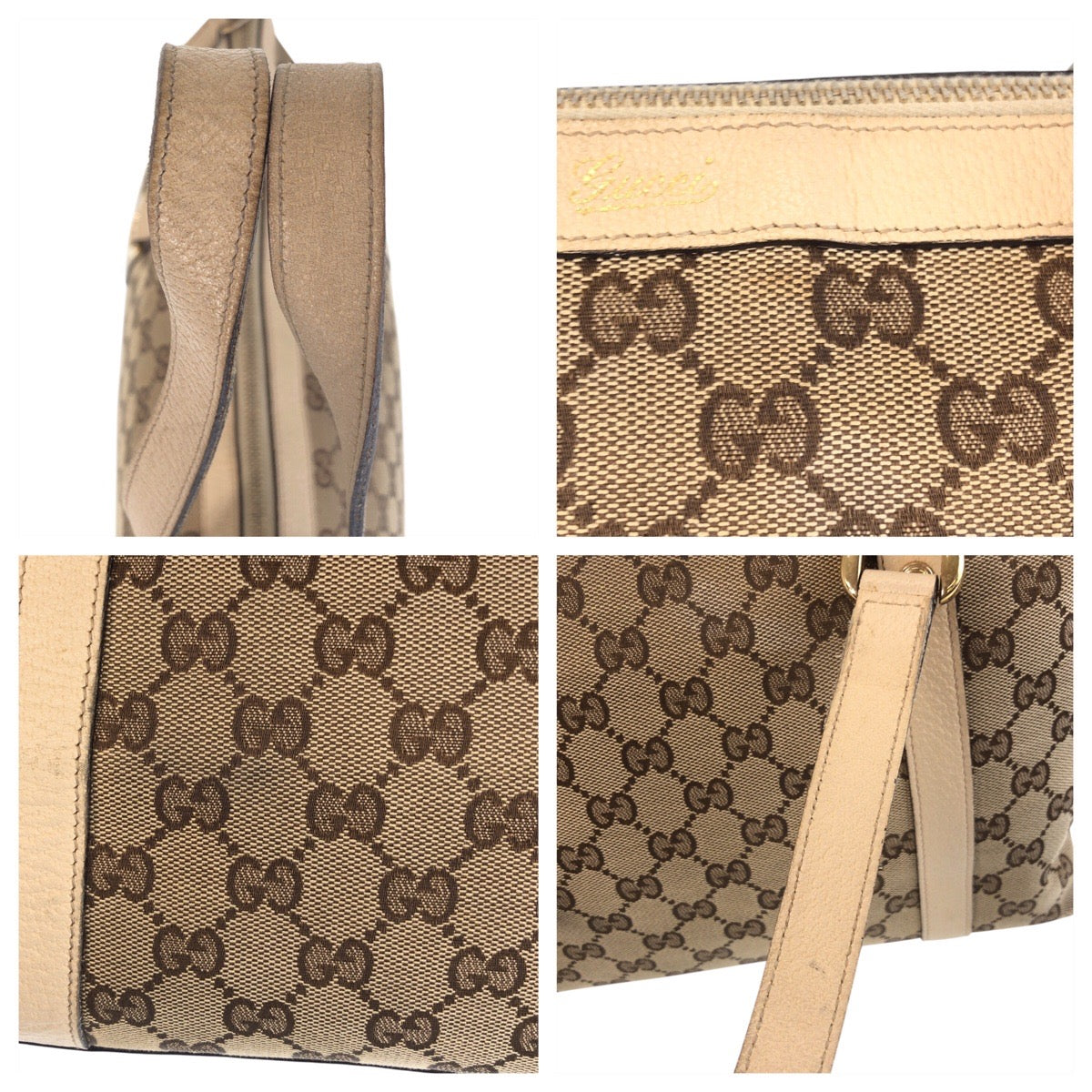 GUCCI Tote Bag 141470 GG canvas, leather Beige White Gold Metal Tote Bag Shoulder Bag Abbey Women Used Authentic