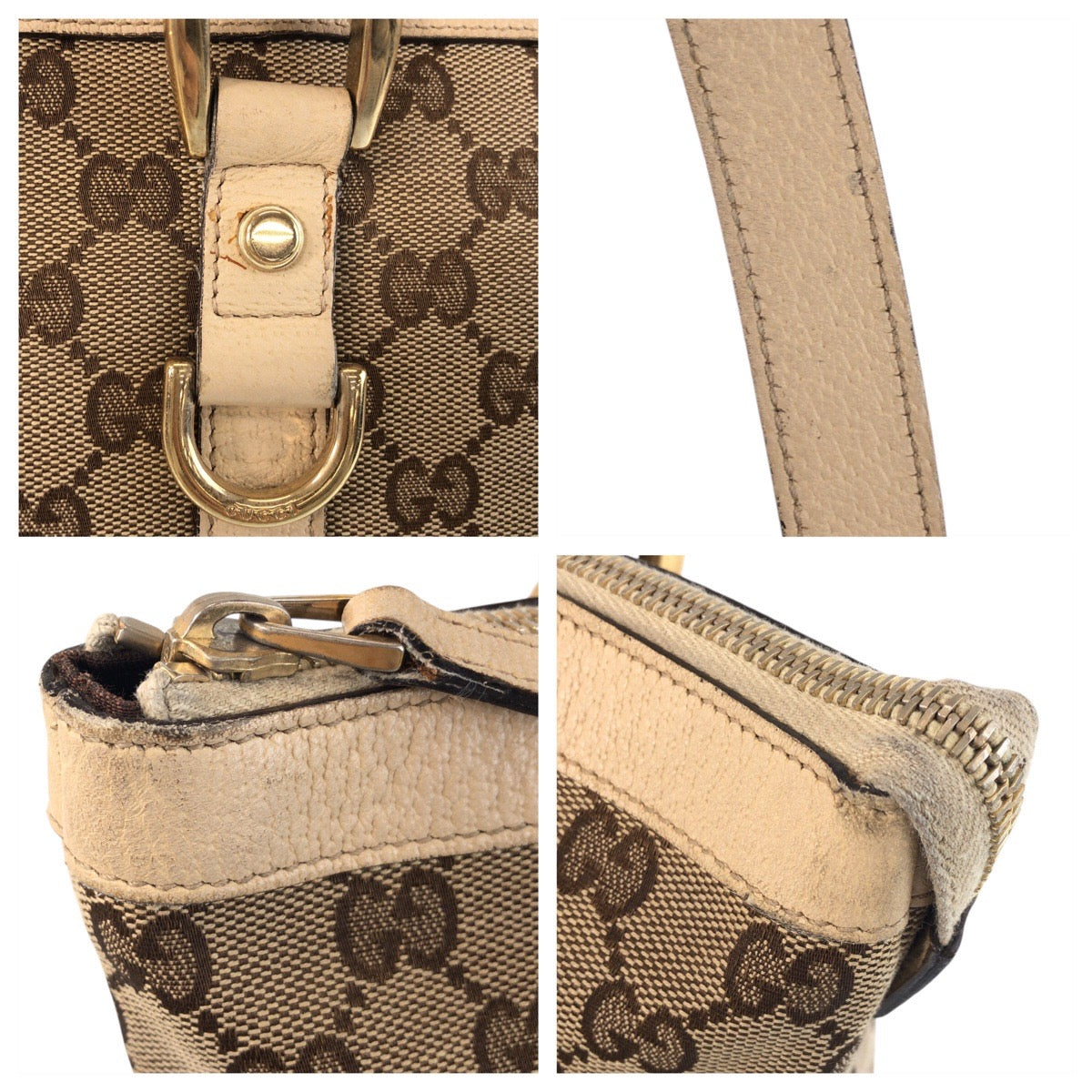 GUCCI Tote Bag 141470 GG canvas, leather Beige White Gold Metal Tote Bag Shoulder Bag Abbey Women Used Authentic