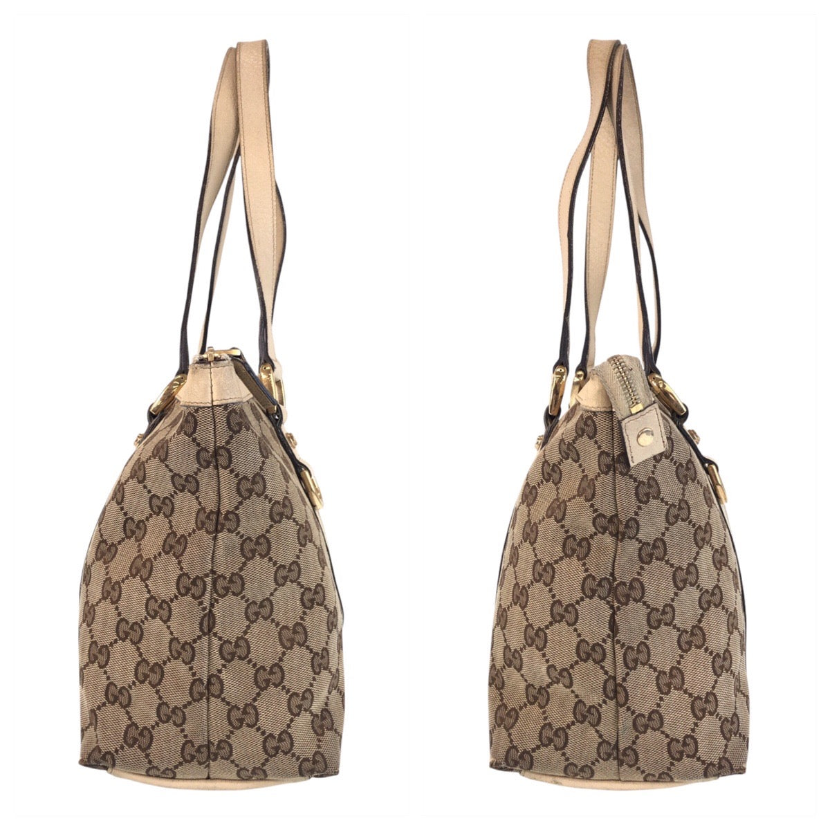 GUCCI Tote Bag 141470 GG canvas, leather Beige White Gold Metal Tote Bag Shoulder Bag Abbey Women Used Authentic