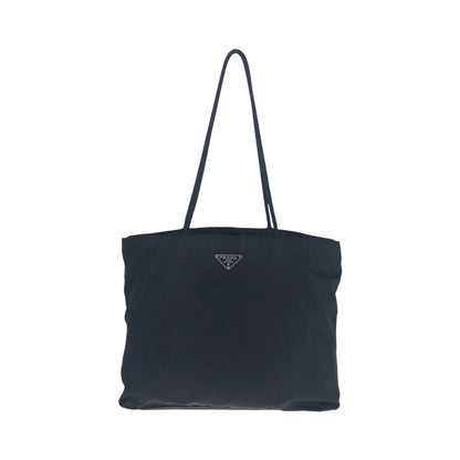 PRADA Tote Bag Nylon Black SilverMetal Tote Bag Shoulder Bag Test Triangle With logo Women Used Authentic