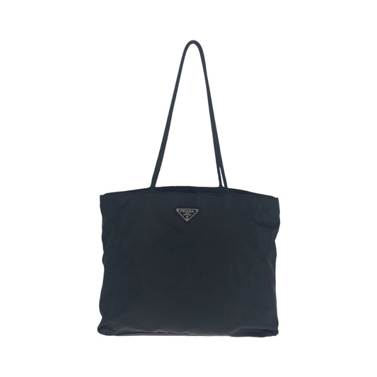PRADA Tote Bag Nylon Black SilverMetal Tote Bag Shoulder Bag Test Triangle With logo Women Used Authentic