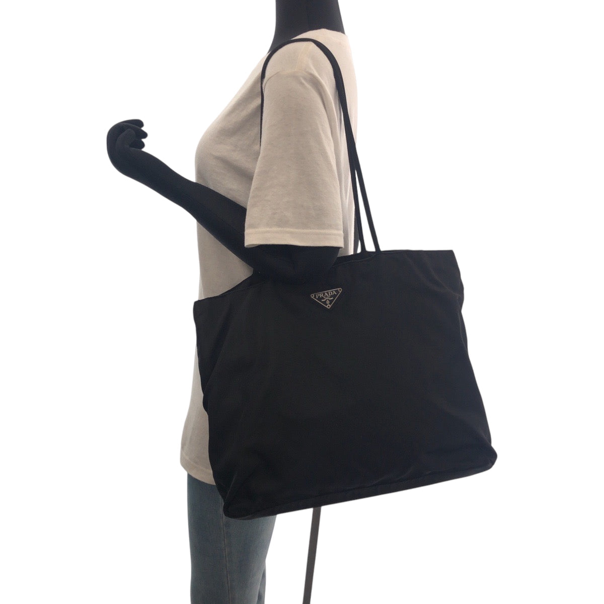 PRADA Tote Bag Nylon Black SilverMetal Tote Bag Shoulder Bag Test Triangle With logo Women Used Authentic