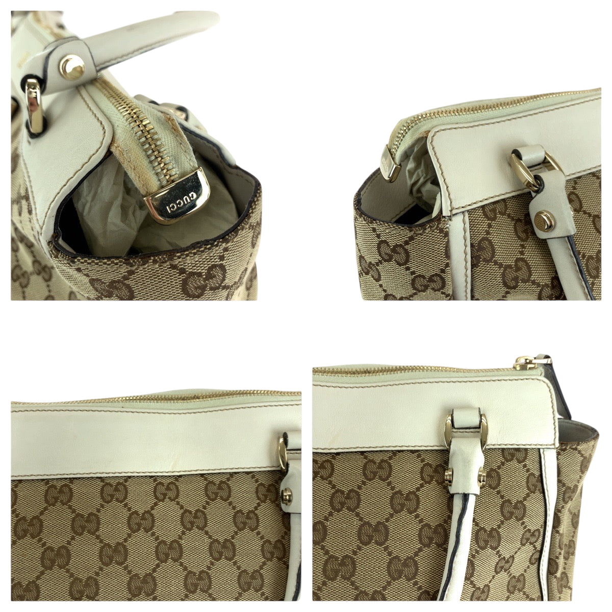 GUCCI Tote Bag 189831 GG canvas Beige White Gold Metal Tote Bag Handbag Shoulder Bag Abbey Women Used Authentic