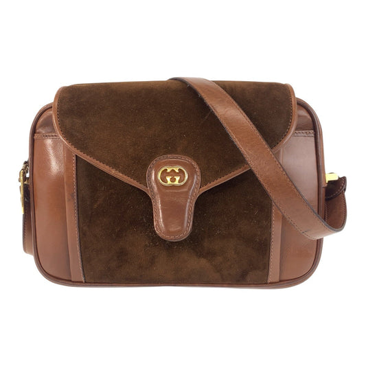 GUCCI Shoulder Bag Suede, Leather Brown Gold Metal Shoulder Bag pochette Old Gucci Women Used Authentic
