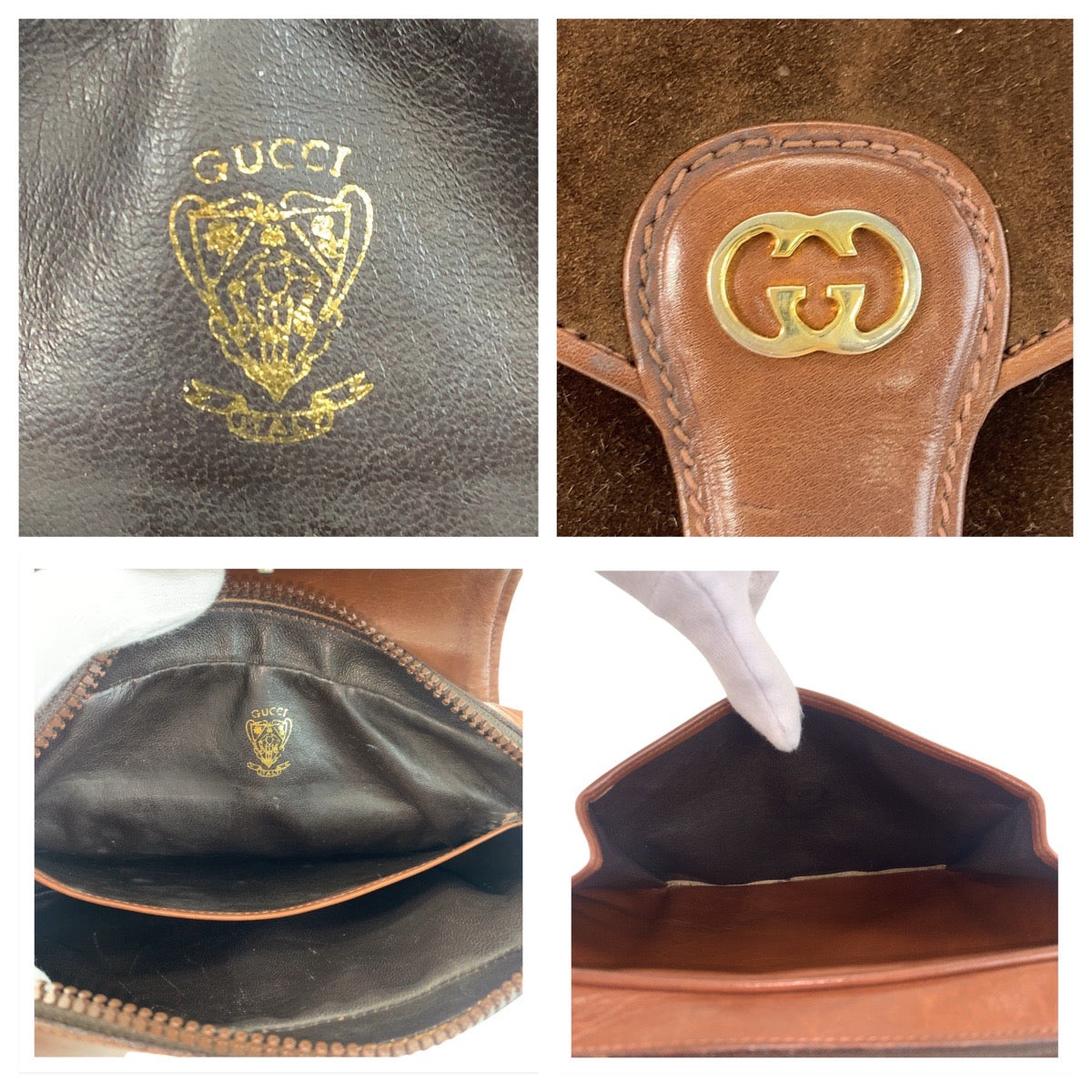 GUCCI Shoulder Bag Suede, Leather Brown Gold Metal Shoulder Bag pochette Old Gucci Women Used Authentic