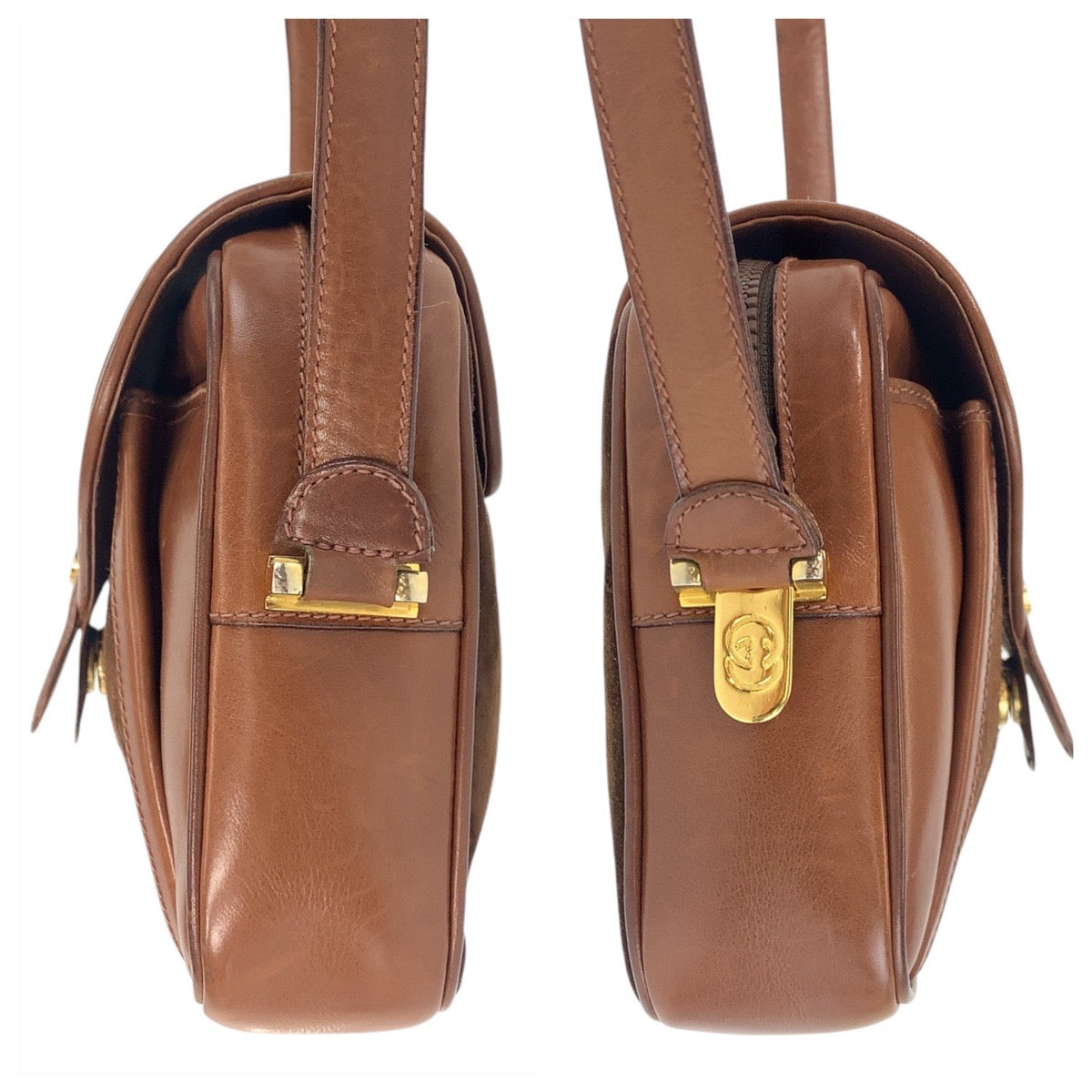 GUCCI Shoulder Bag Suede, Leather Brown Gold Metal Shoulder Bag pochette Old Gucci Women Used Authentic