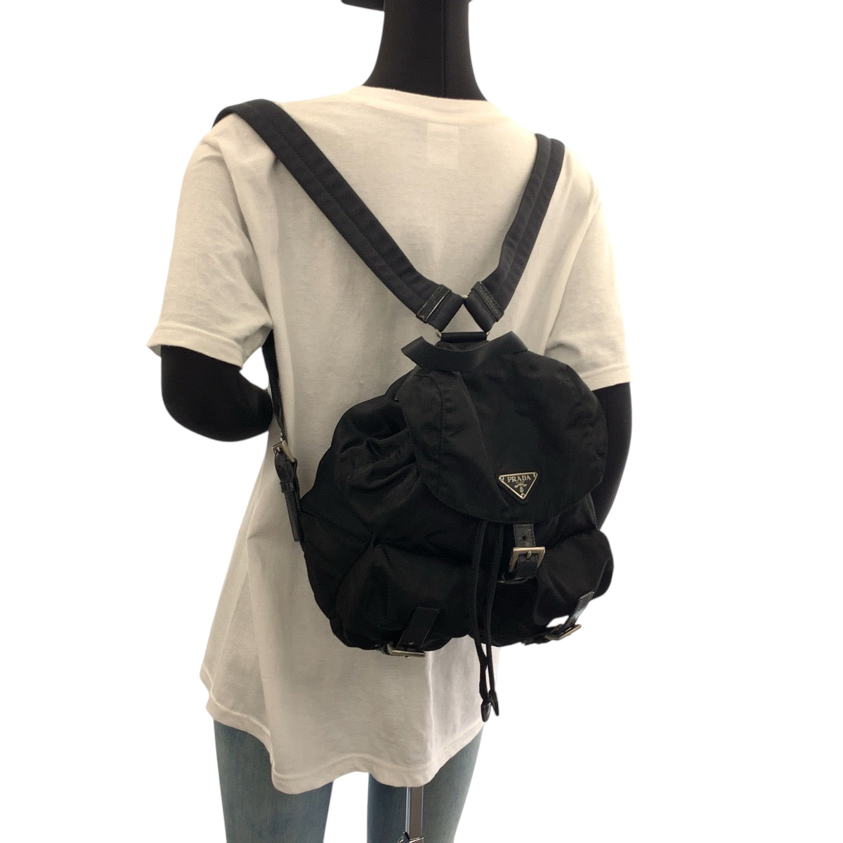 PRADA Backpack Nylon Black SilverMetal Backpack Backpack Test Triangle With logo Women Used Authentic