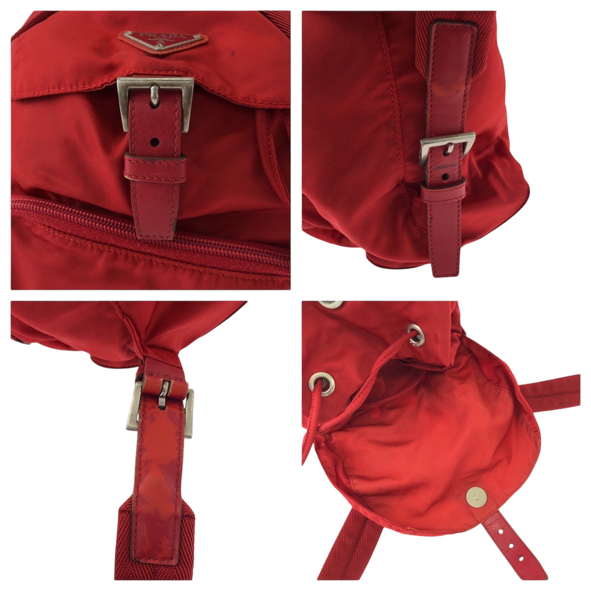 PRADA Backpack B4650 Nylon Red Silver Metal Rucksack Backpack Test Triangle With logo Women Used Authentic