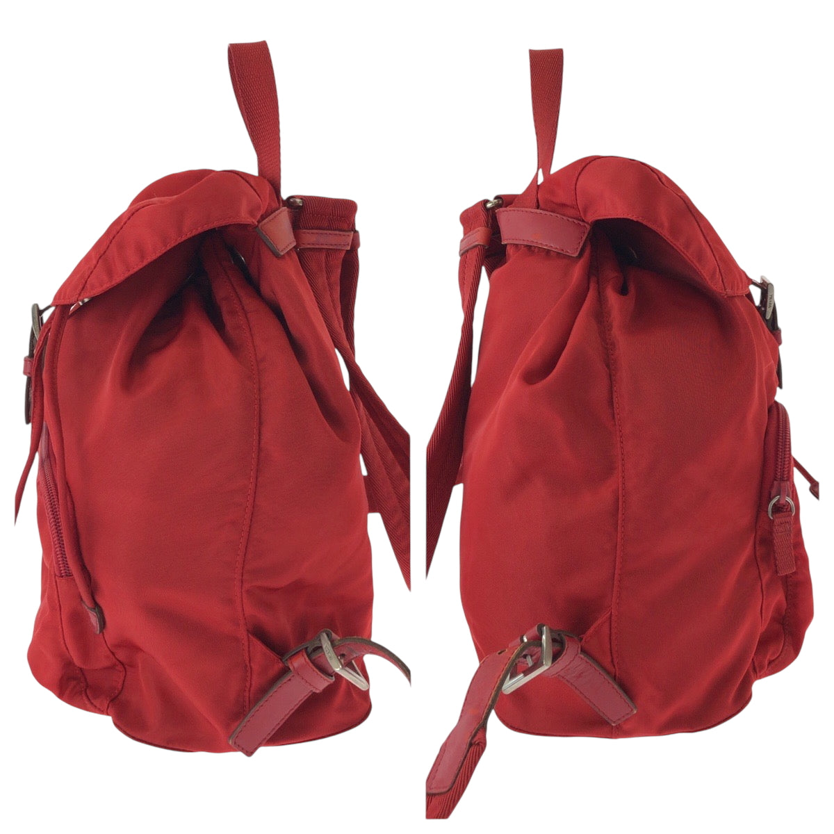 PRADA Backpack B4650 Nylon Red Silver Metal Rucksack Backpack Test Triangle With logo Women Used Authentic