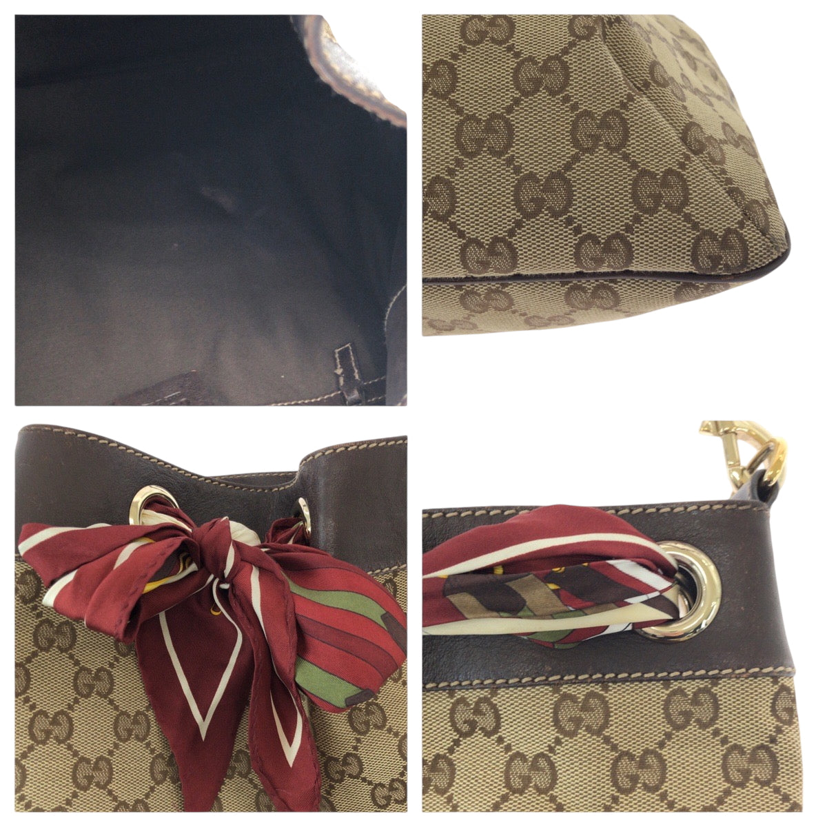 GUCCI Shoulder Bag 162788 GG canvas Beige Brown Gold Metal One Shoulder Bag Positano scarf Women Used Authentic