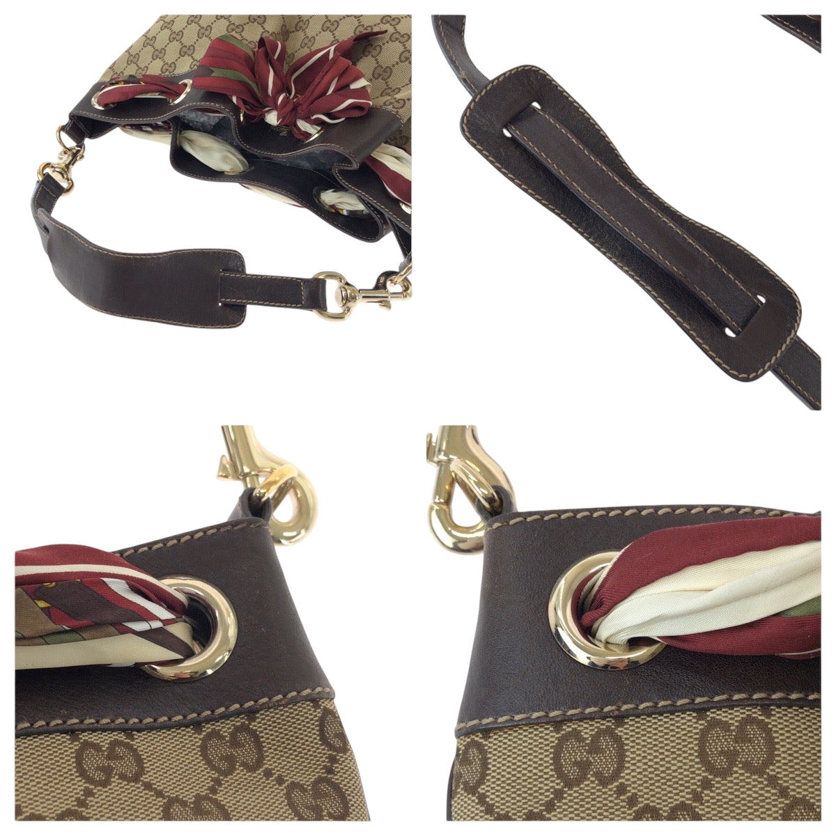GUCCI Shoulder Bag 162788 GG canvas Beige Brown Gold Metal One Shoulder Bag Positano scarf Women Used Authentic